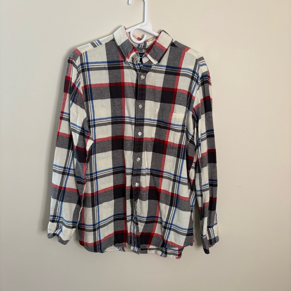 Club Room Cream Blue Casual Button Down flannel Shirt Mens Large plaid fall